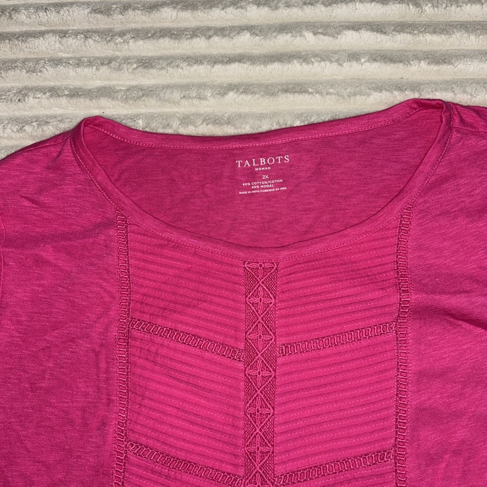 TALBOTS Eyelet‎ Neck Crewneck Tee Pink Cotton Lace Short Sleeve  2X NWT $44.50 - Picture 2 of 7